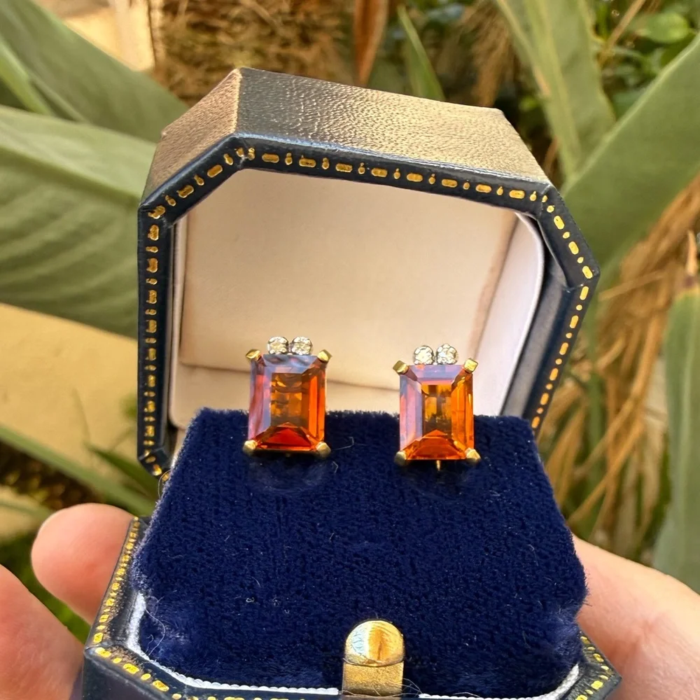 Solid 18K gold Madeira citrine natural diamond screw back earrings - Picture 11 of 12